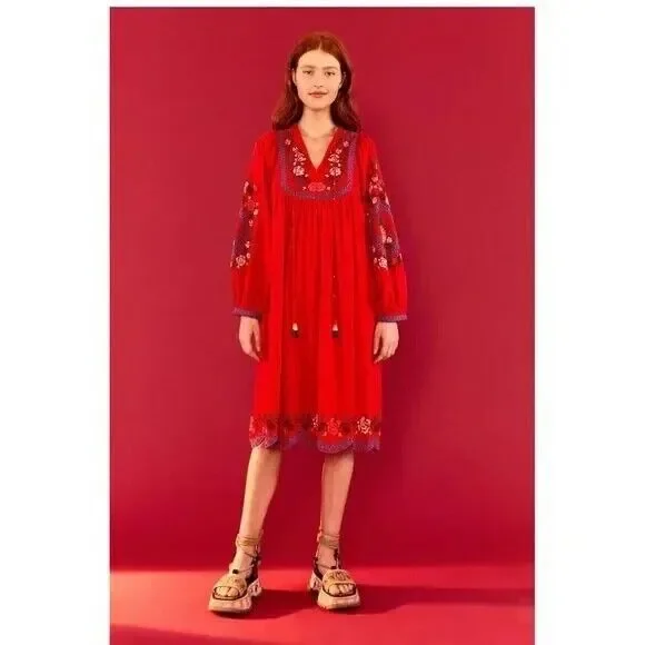 farm rio red knot midi dress Farm Rio Long Sleeve Knot Midi Dress